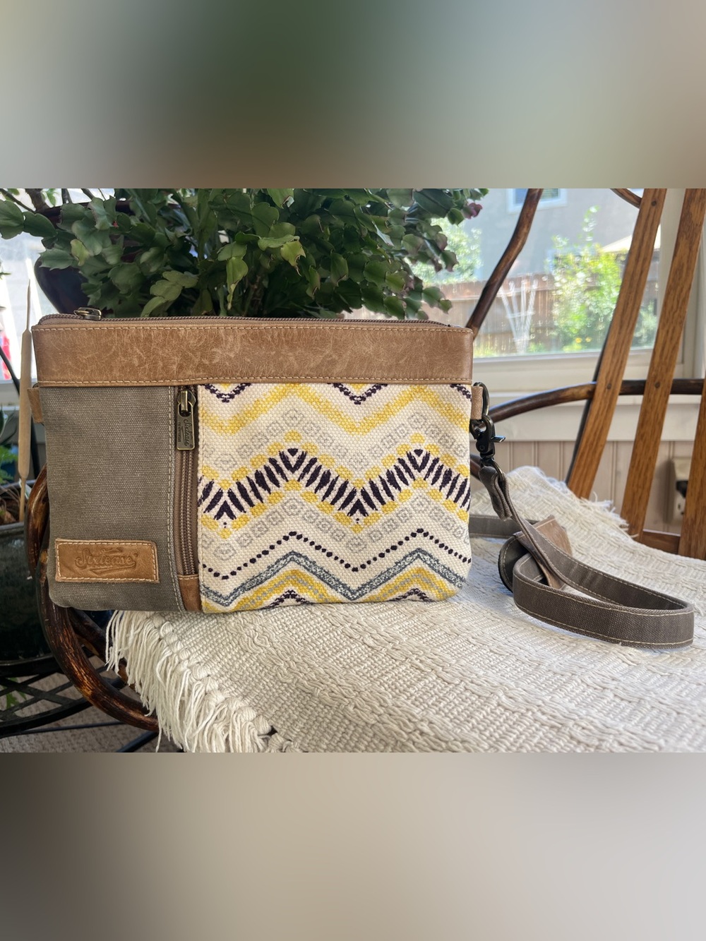 Sixtease Neutral, Yellow & Navy Chevron Crossbody Bag